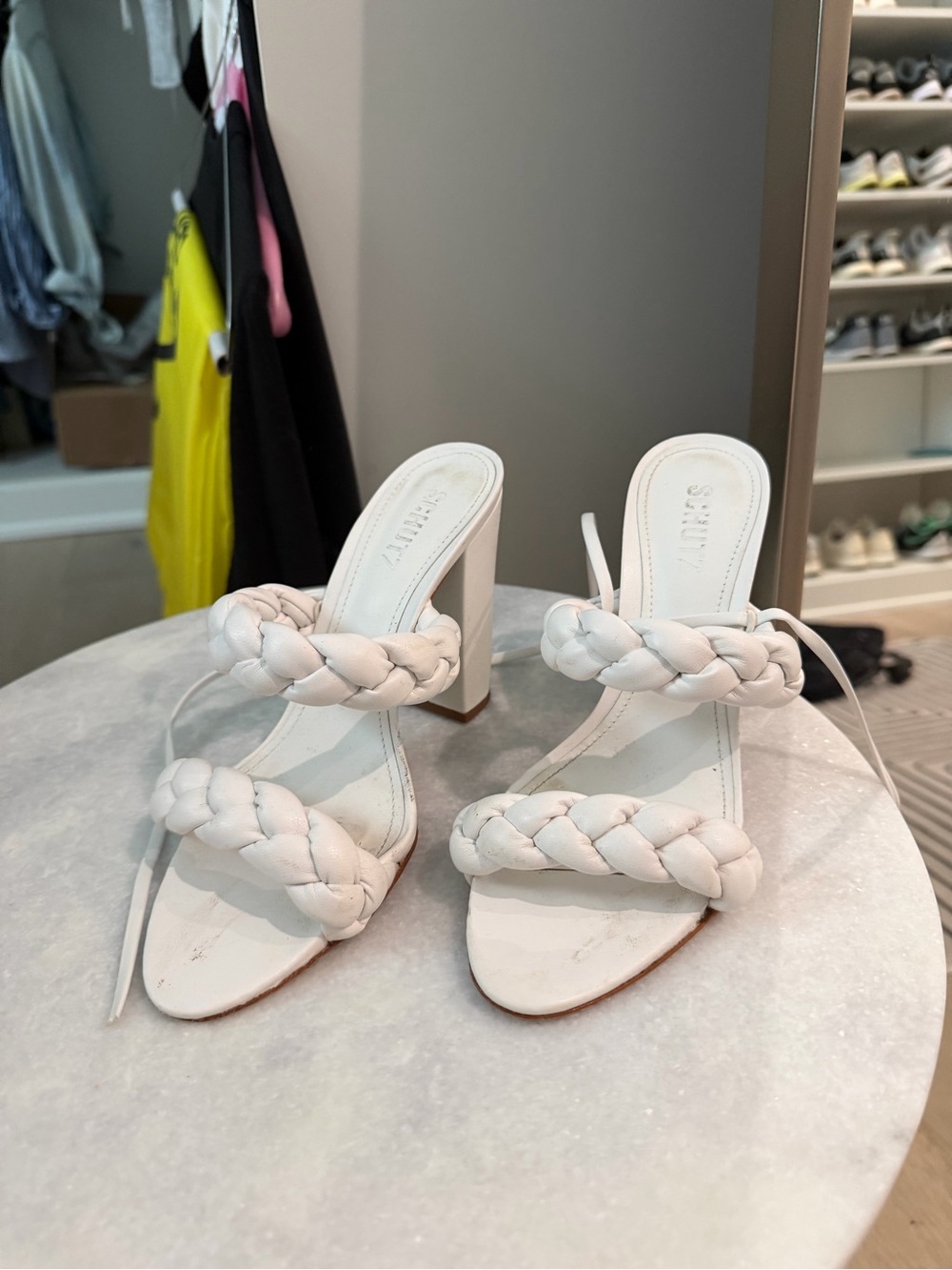 SCHUTZ White Braided Double-Strap Block Heel Sandals